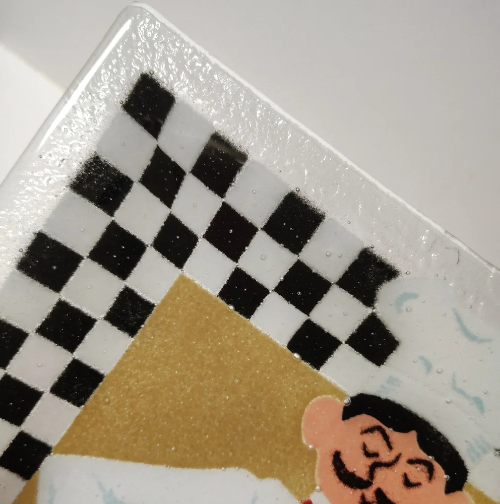 Peggy Karr VTG Fused Art Glass Bistro Chef Square Plate 10